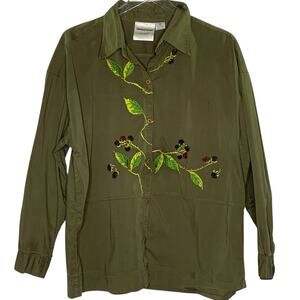 Michael Simon M Dark Green Olive Button Embellished Beaded Leaf Shirt Collared